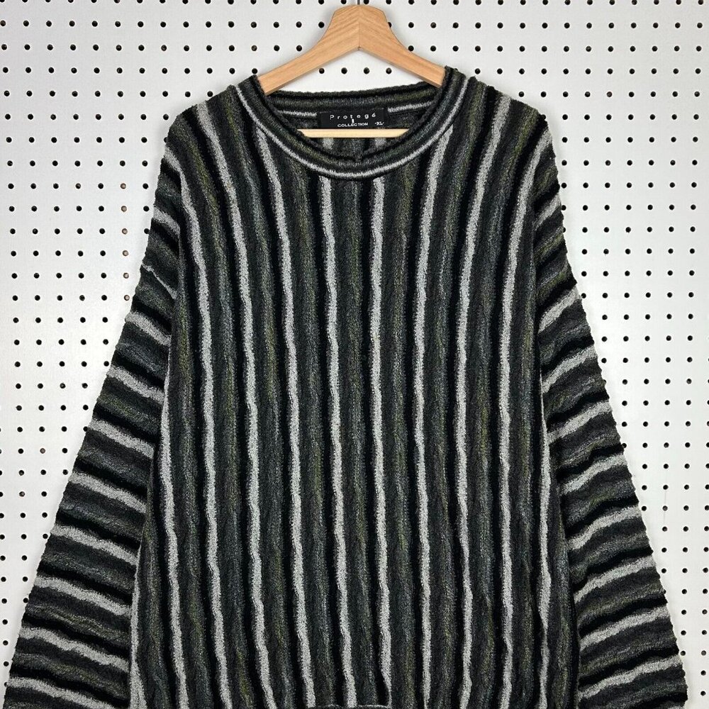 Protege 3D Coogi Style Knit Sweater XL Green Black Biggie Striped Hip Hop‎ 90s